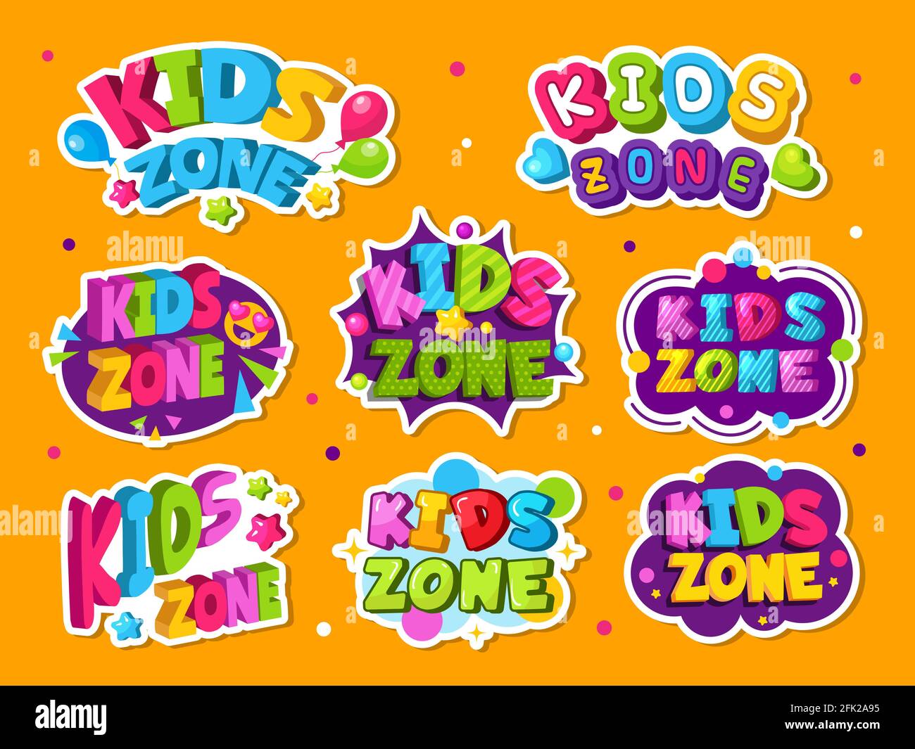 Logo della zona per bambini. Emblema colorato per la stanza dei bambini di gioco che gioca zone etichette stile decorazione vettoriale Illustrazione Vettoriale