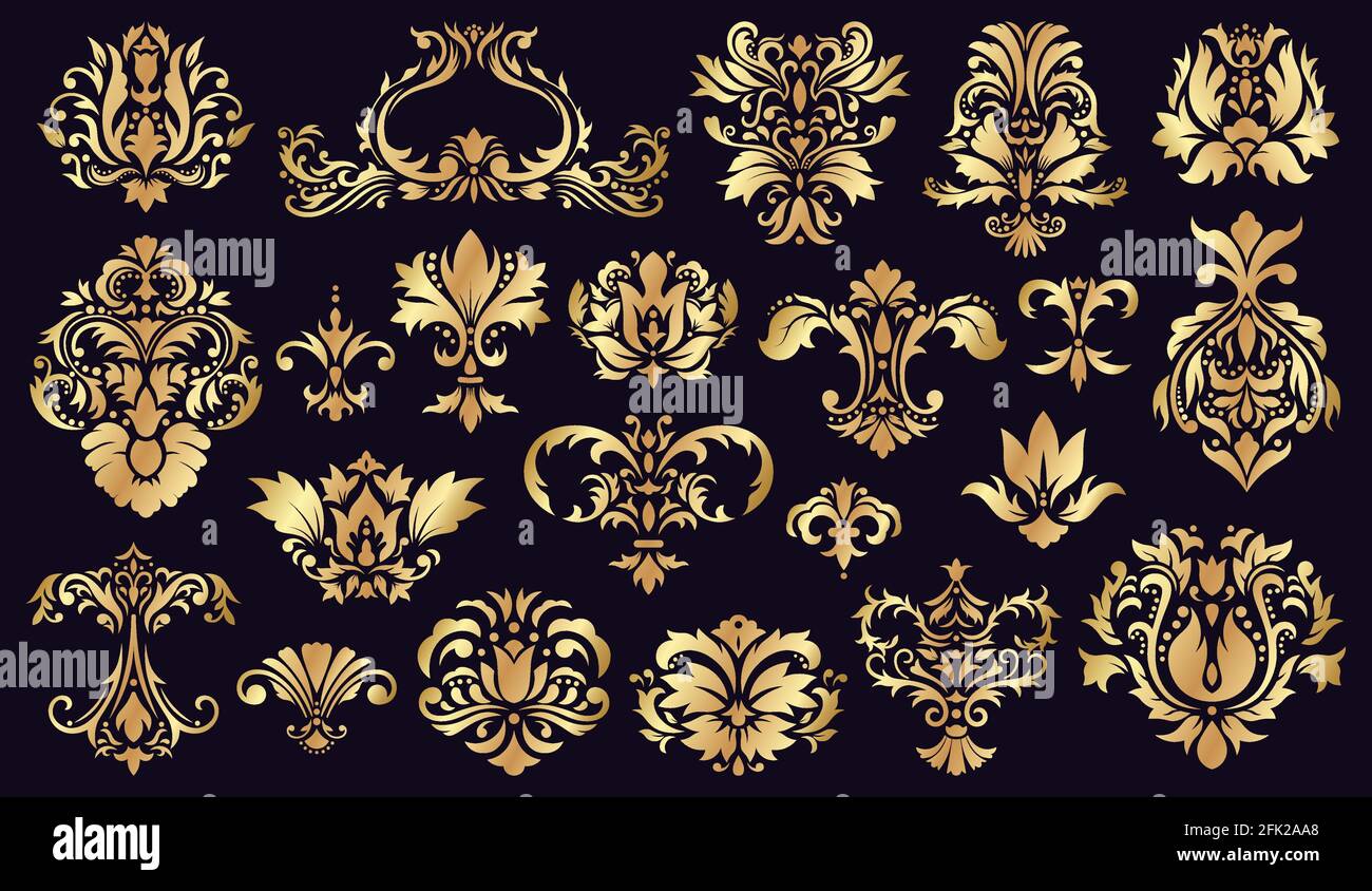 Antichi ornamenti damascati. Golden barocco rococo decorativo elementi floreali isolato vettore illustrazione Set. Decorazioni damascate vintage Illustrazione Vettoriale