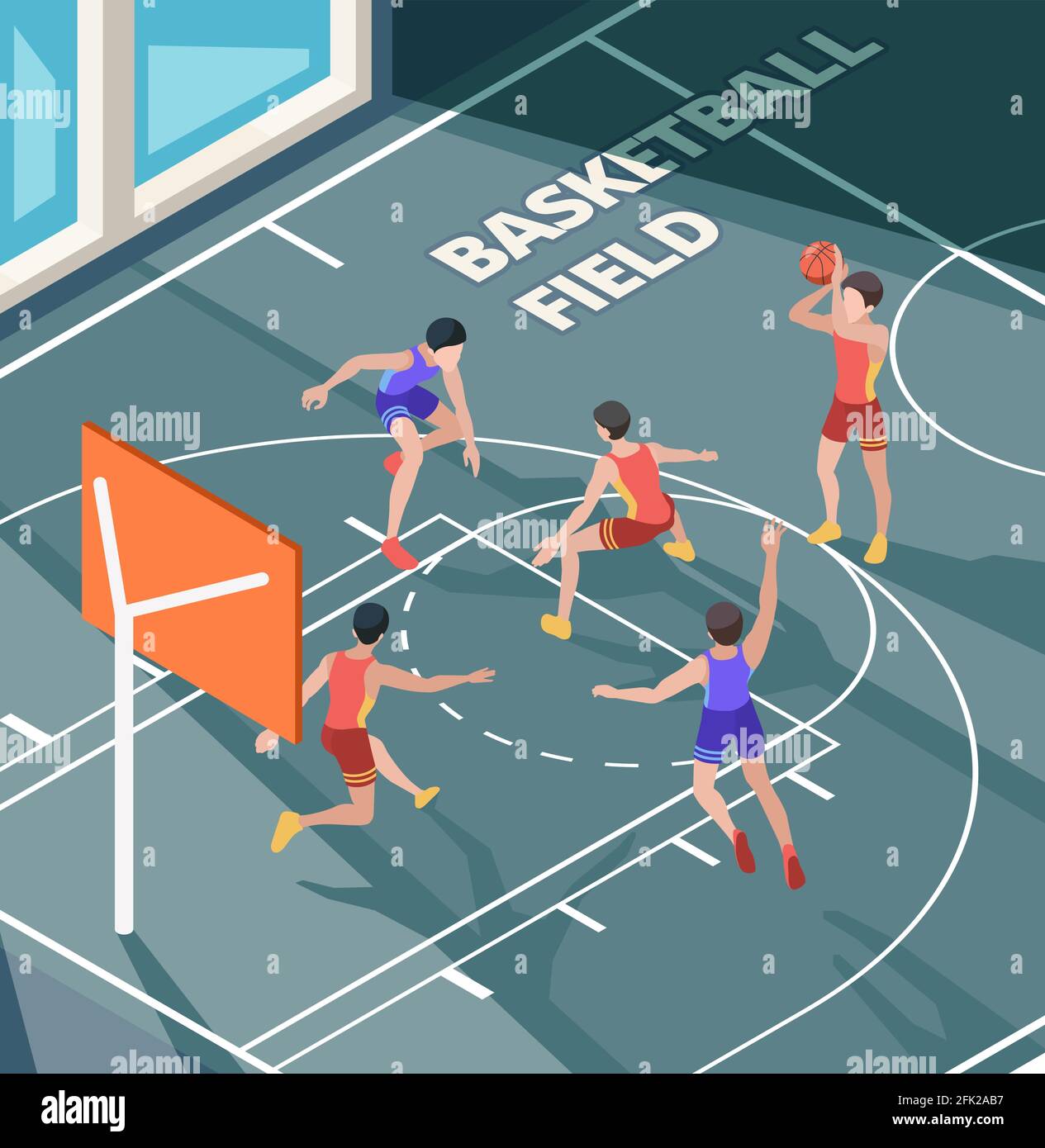 Campo di pallacanestro. I giocatori di gioco attivi del club sportivo in azione pongono la palla arancione sul campo o sul pavimento vettori isometrici caratteri Illustrazione Vettoriale