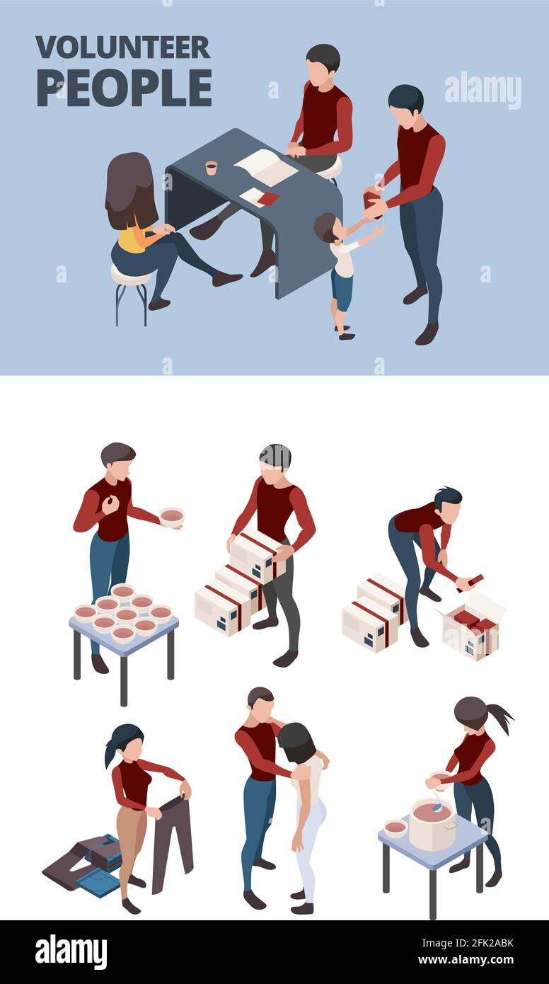 Comunità premurosa. Aiuto donazione team volontari persone lavoro di squadra senza casa povertà persona vettore insieme isometrico Illustrazione Vettoriale
