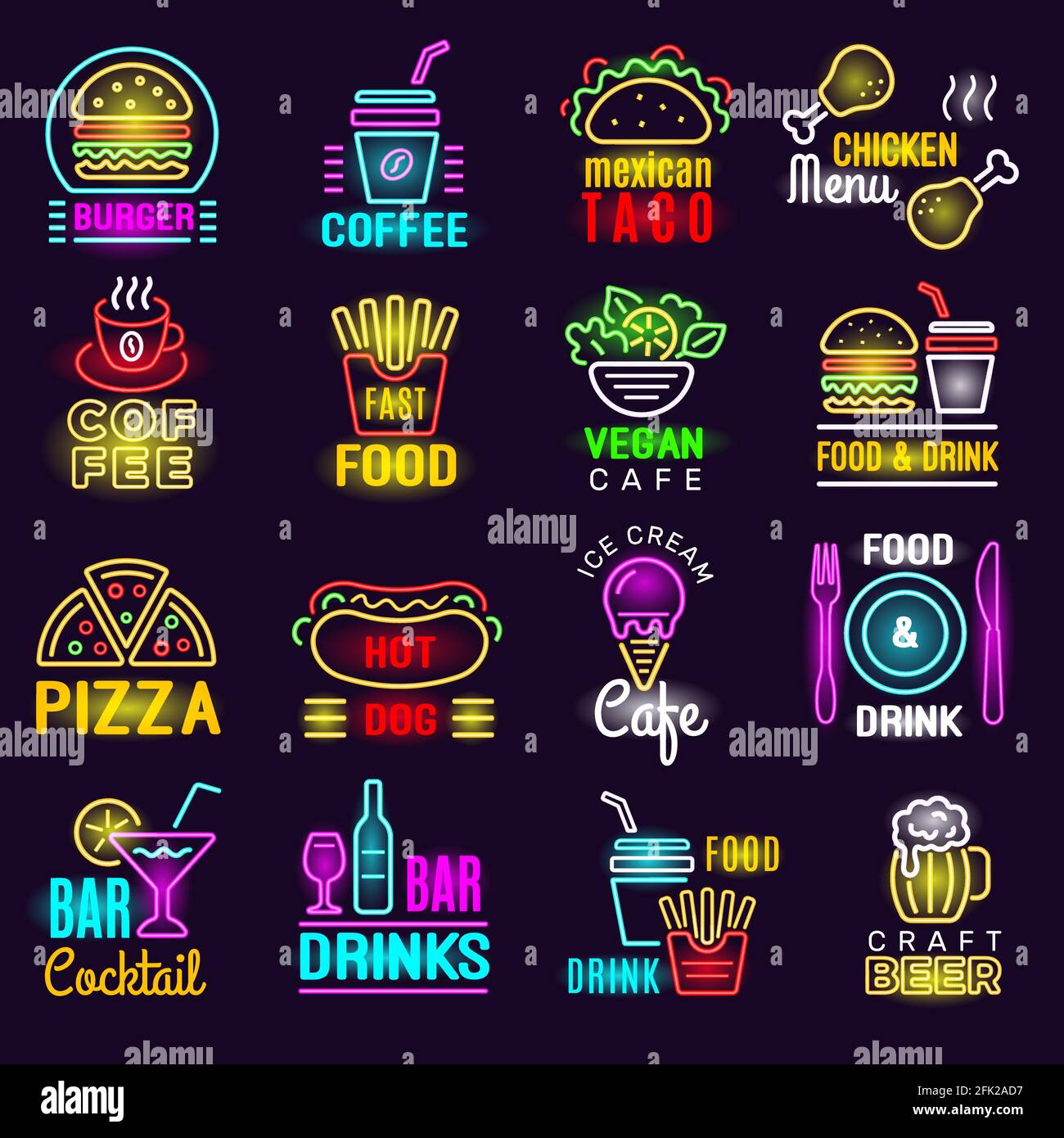 Prodotti neon. Simbolo di illuminazione fast food per la pubblicità di cartelli bar pizza beve vettore Illustrazione Vettoriale