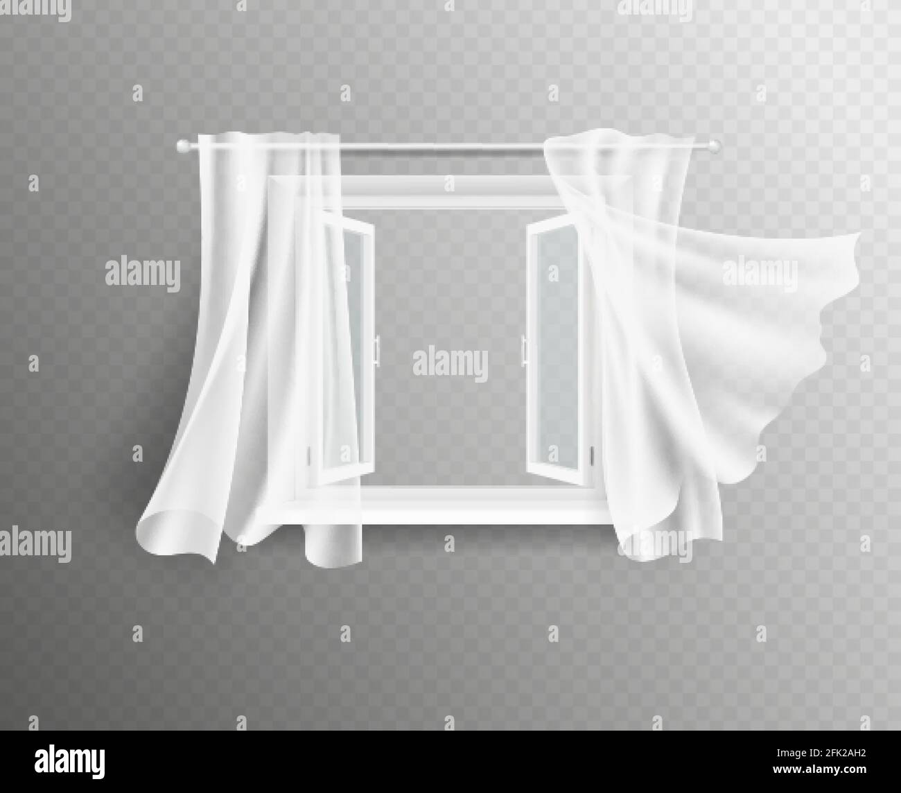 Aprire la finestra. Cornice bianca con vetro e tende. Interni di design, finestre isolate decorate in tessuto trasparente di seta volante. Vettore 3d realistico Illustrazione Vettoriale