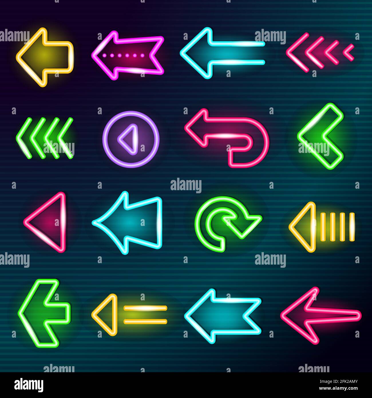 Frecce al neon. Luci a incandescenza direzione hotel freccia segni notte fuori luminoso elementi pubblicitari vettore luminoso collezione set Illustrazione Vettoriale