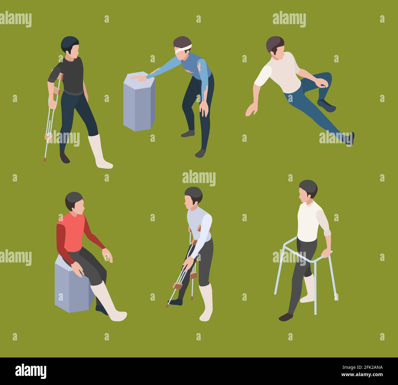 Gambe rotte. Crutches persona adulta ortopedia medica riabilitazione vettore isometrico umano Illustrazione Vettoriale