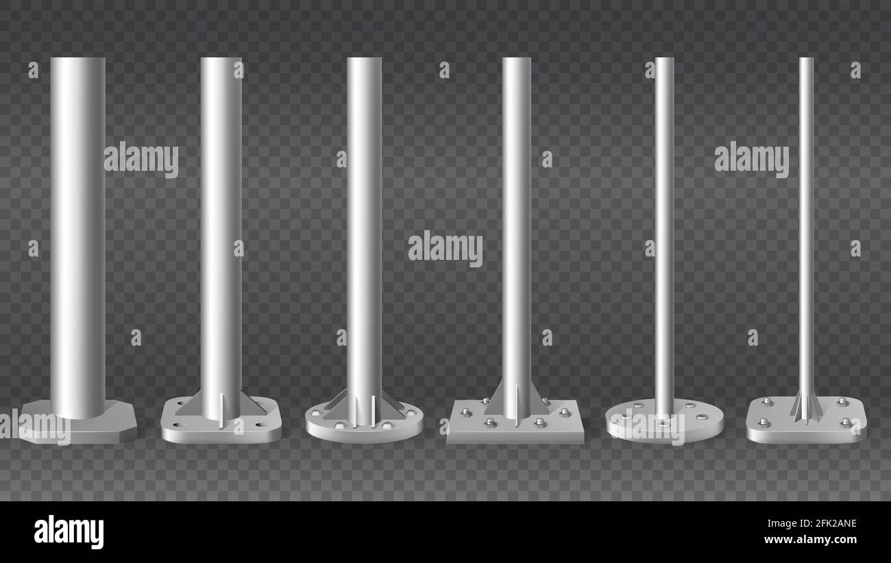 Montanti in acciaio realistici. Tubi cilindrici in metallo, set di mockup per colonne in acciaio 3d con illustrazione vettoriale. Pali metallici di diverso diametro Illustrazione Vettoriale