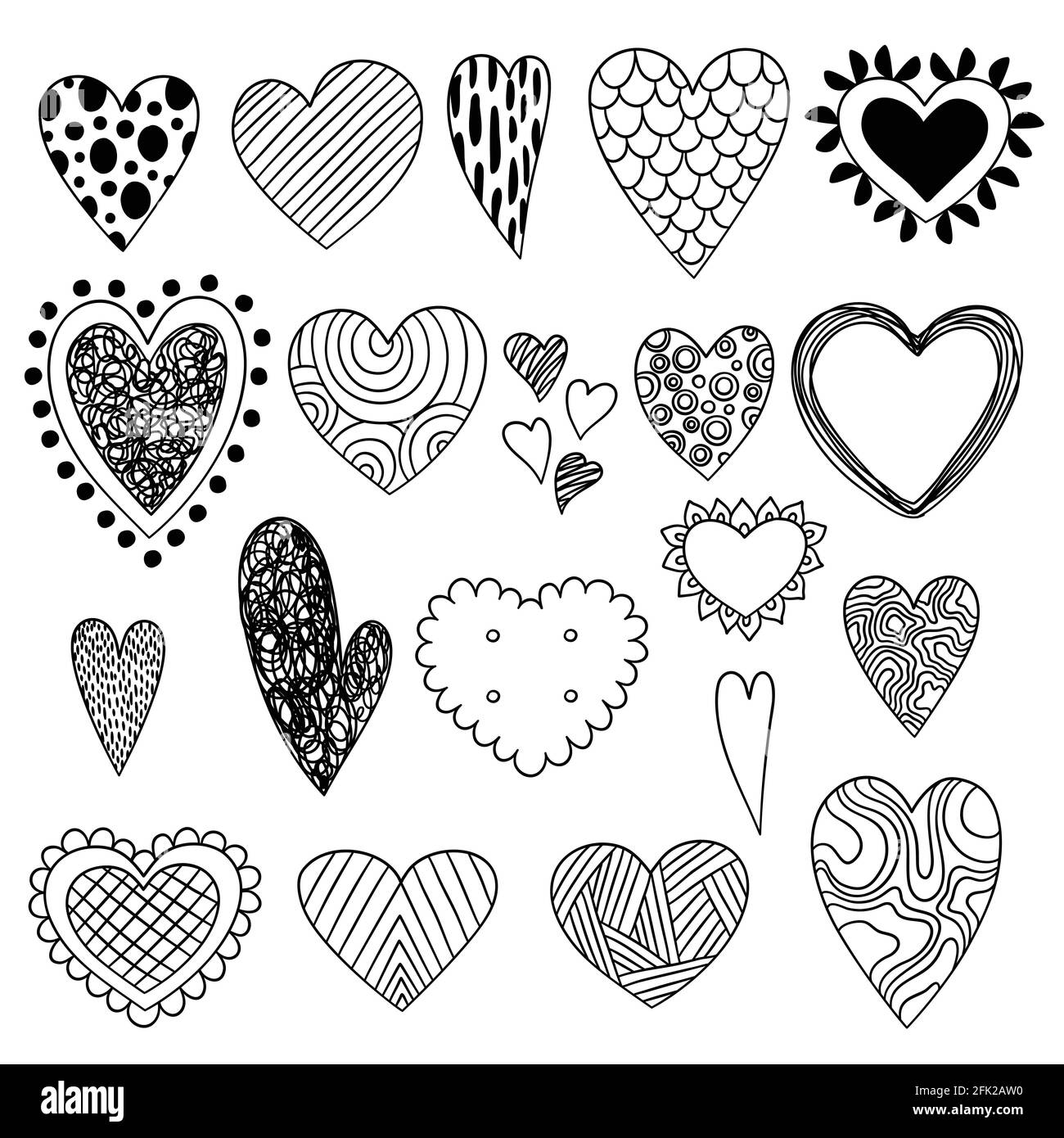 Cuore doodles. San Valentino simboli sketch amore icone collezione bellezza ornato Stylized cuori vettore Illustrazione Vettoriale