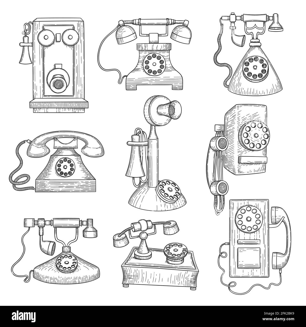 Telefono retro. Antichi gadget tecnologici vettoriali oggetti di comunicazione disegnati a mano Illustrazione Vettoriale