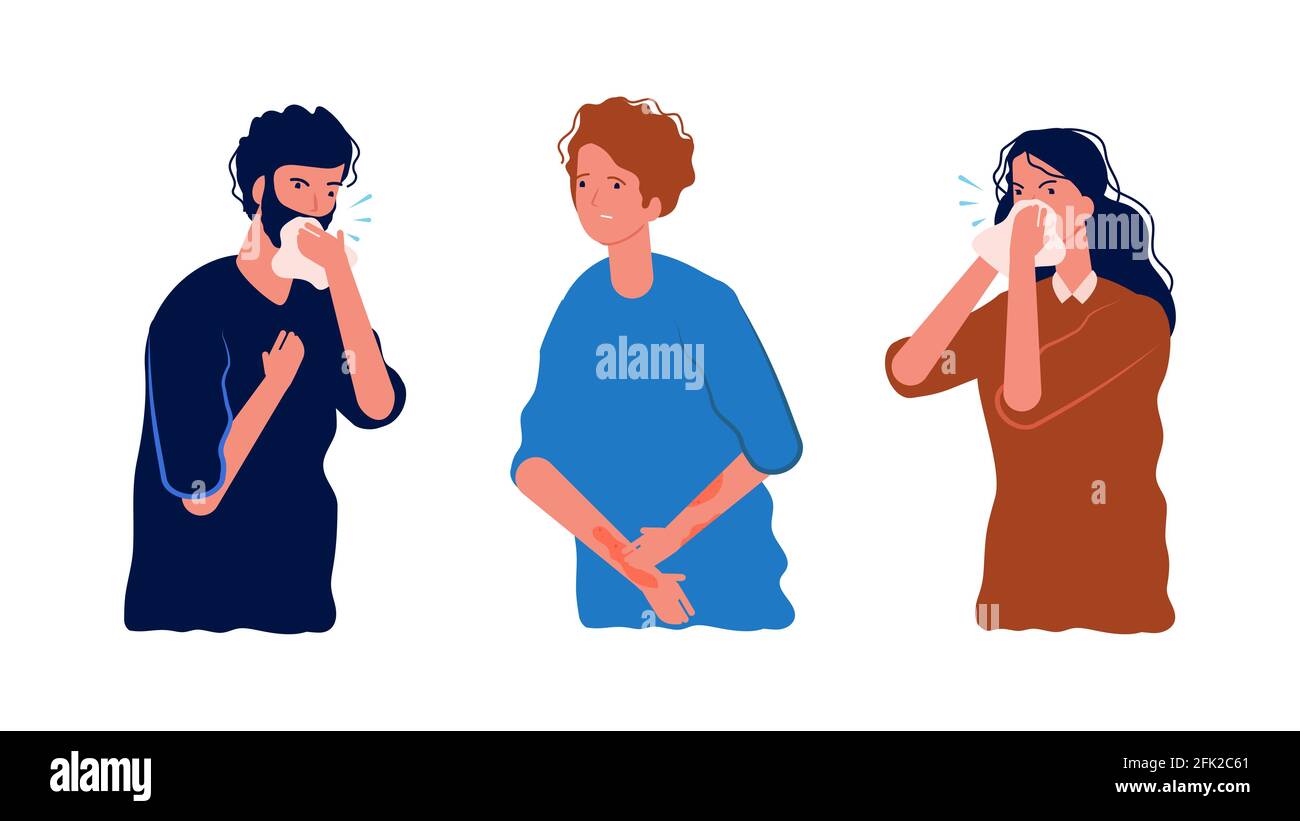 Allergia stagionale. Persone allergiche, pelle graffiata, tosse e starnuti. Illustrazione vettoriale di donna di uomo malato isolata Illustrazione Vettoriale