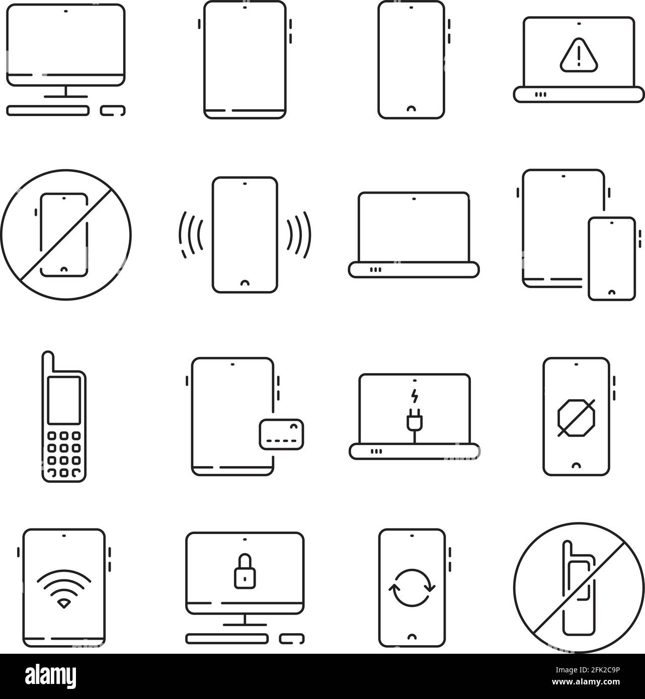 Dispositivi mobili. Dispositivi di mobilità elettronica gadget vettoriali raccolta set icona linea sottile Illustrazione Vettoriale