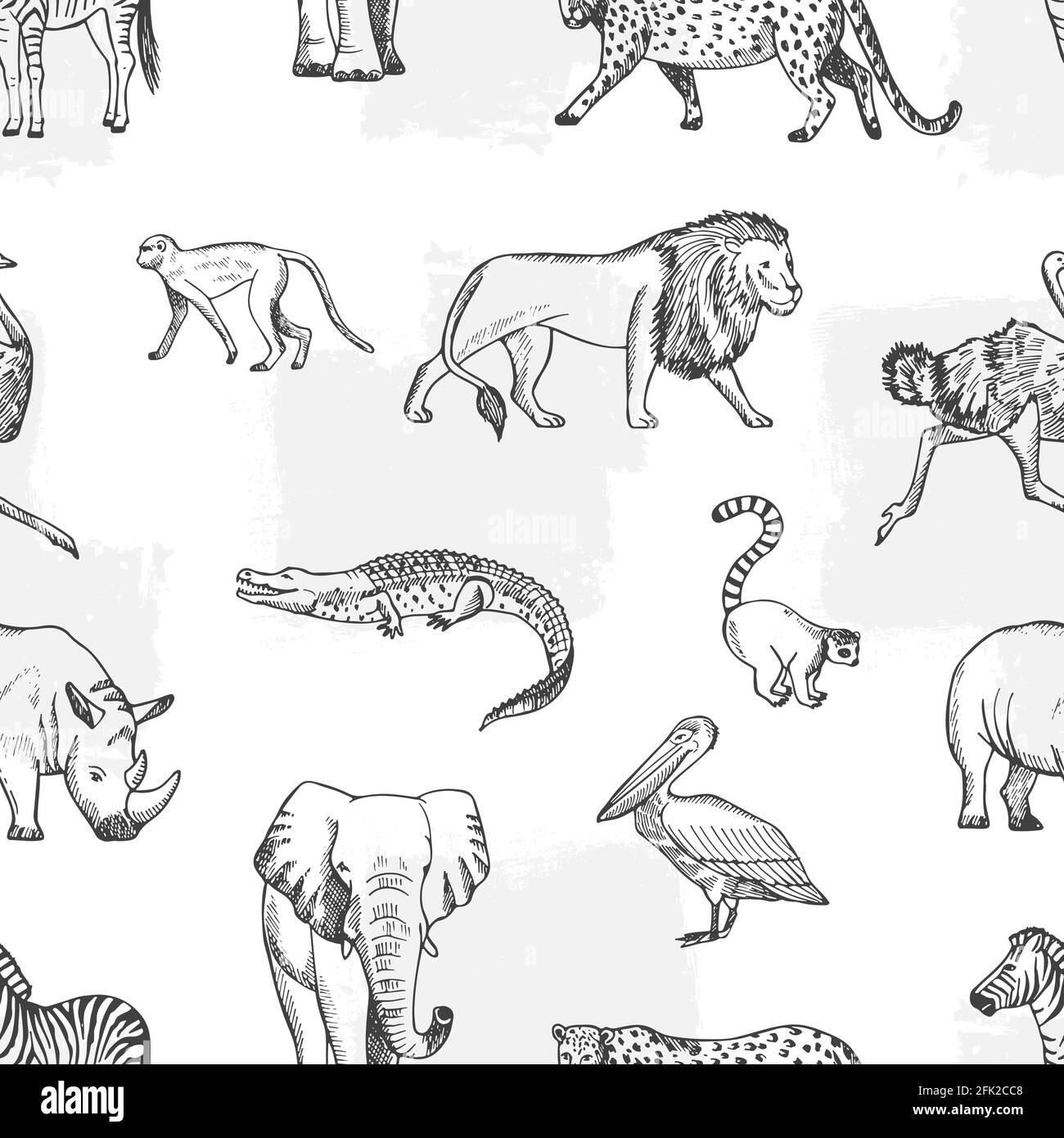 Tracciare il modello animale. Africa, sfondo asiatico della fauna. Elefante e scimmia, leone e coccodrillo vettore tessitura senza cuciture Illustrazione Vettoriale