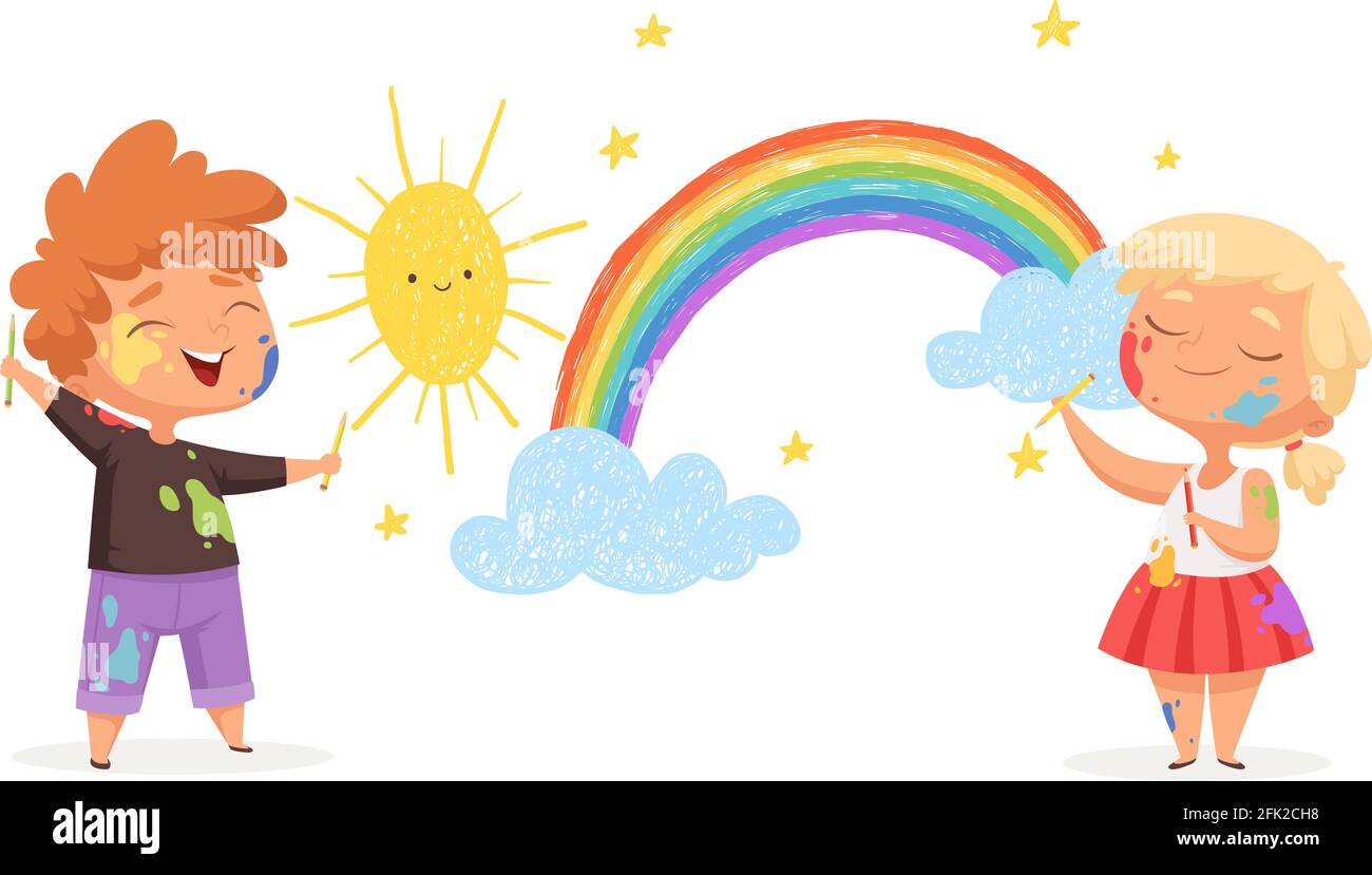 I bambini tirano l'arcobaleno. Felici piccoli artisti pittura sole nuvole vettore divertenti bambini Illustrazione Vettoriale