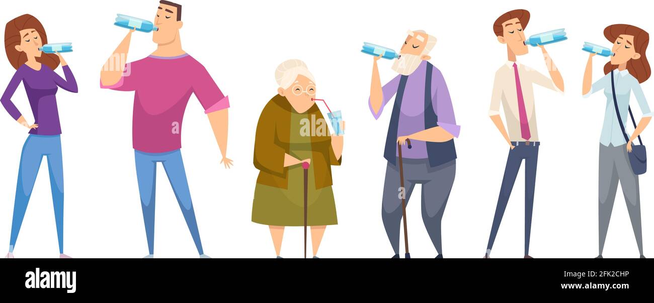 Acqua potabile. Persone con bicchieri d'acqua bere naturale liquido alimentare sport sano stile di vita persone vettore caratteri set Illustrazione Vettoriale