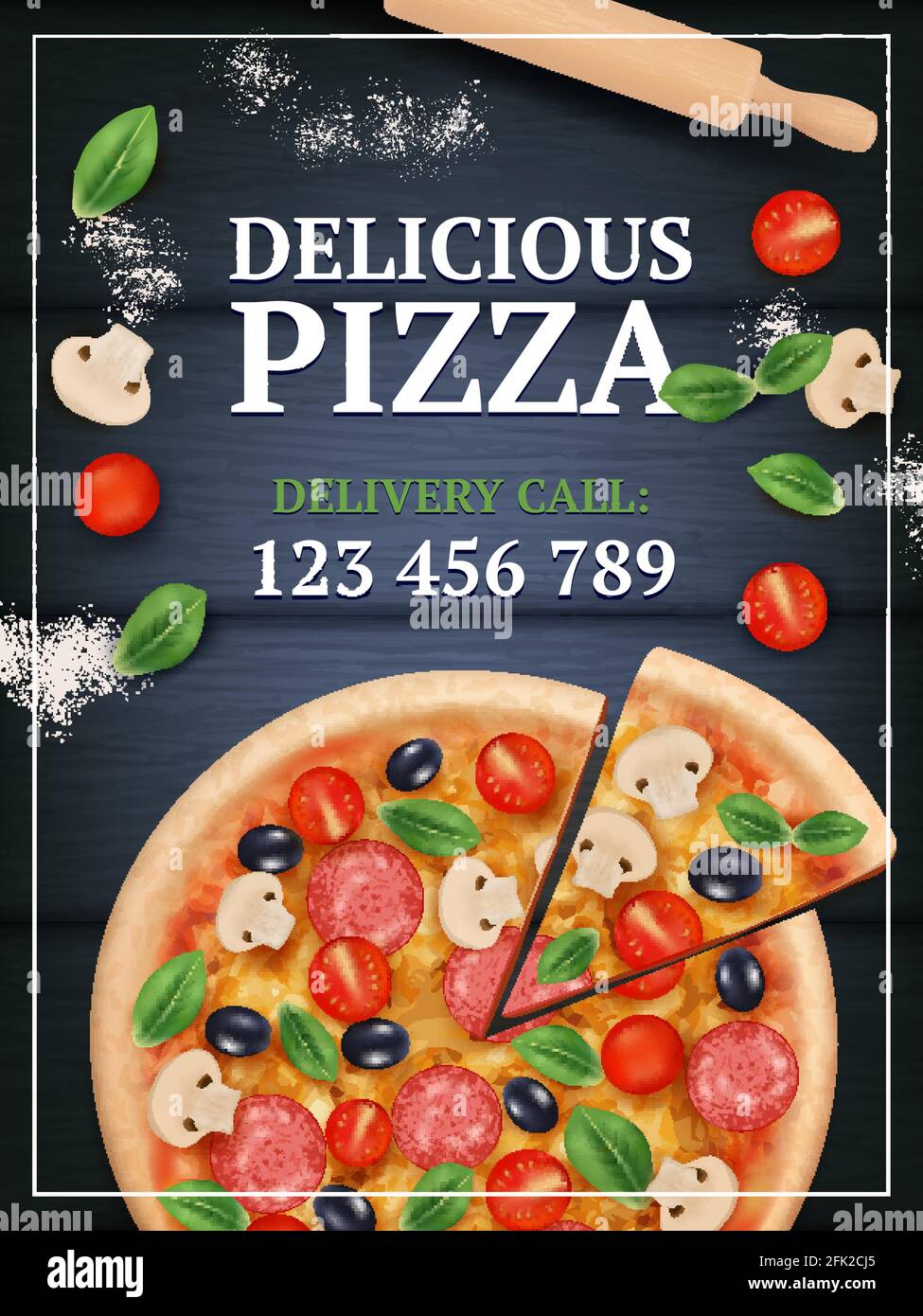 Poster degli annunci per pizza. Affettato delizioso gustoso cibo tradizionale italiano con verdure e pasto vettore realistico placard Illustrazione Vettoriale