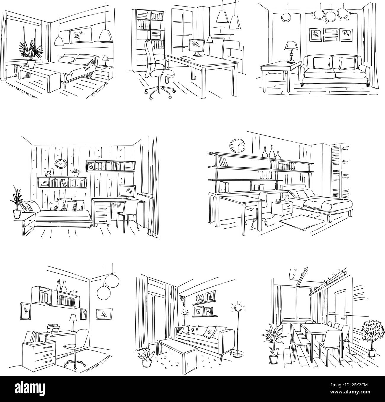 Uffici moderni. Spazi vuoti interni posti di lavoro con mobili disegnati a mano disegno vettoriale Illustrazione Vettoriale