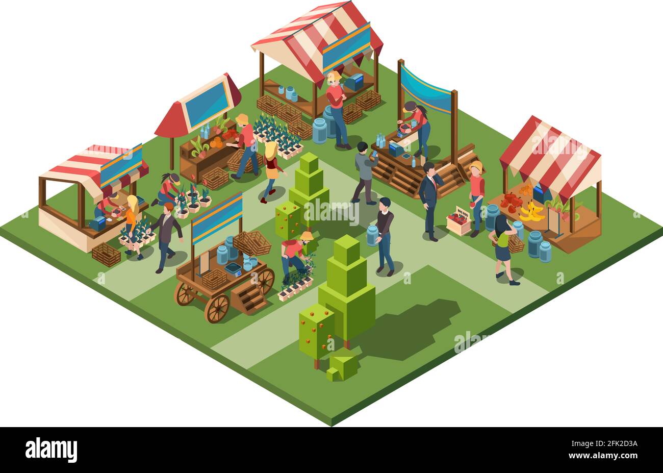 Mercato locale. Agricoltori che vendono prodotti agricoli naturali sani in contenitori negozio all'aperto con ortaggi e frutta vettore concetto isometrico Illustrazione Vettoriale