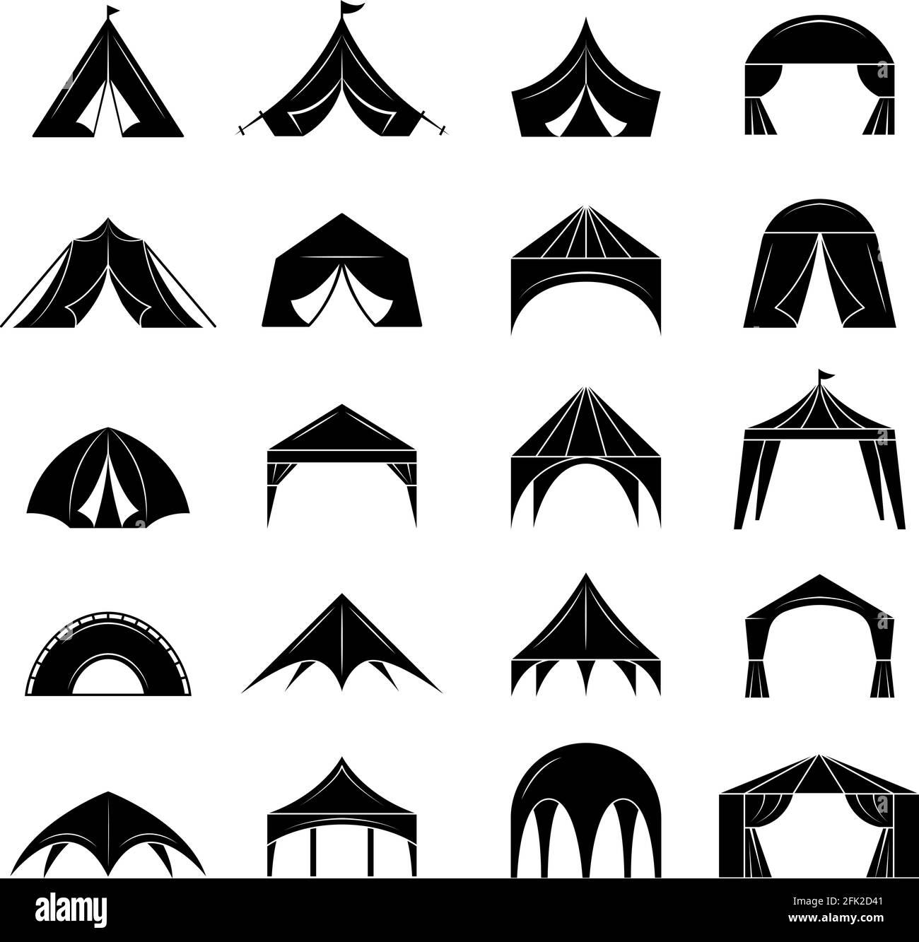 Tenda evento. Marchee dal padiglione di tela nera per gli eventi della festa collezione di silhouette vettoriali Illustrazione Vettoriale