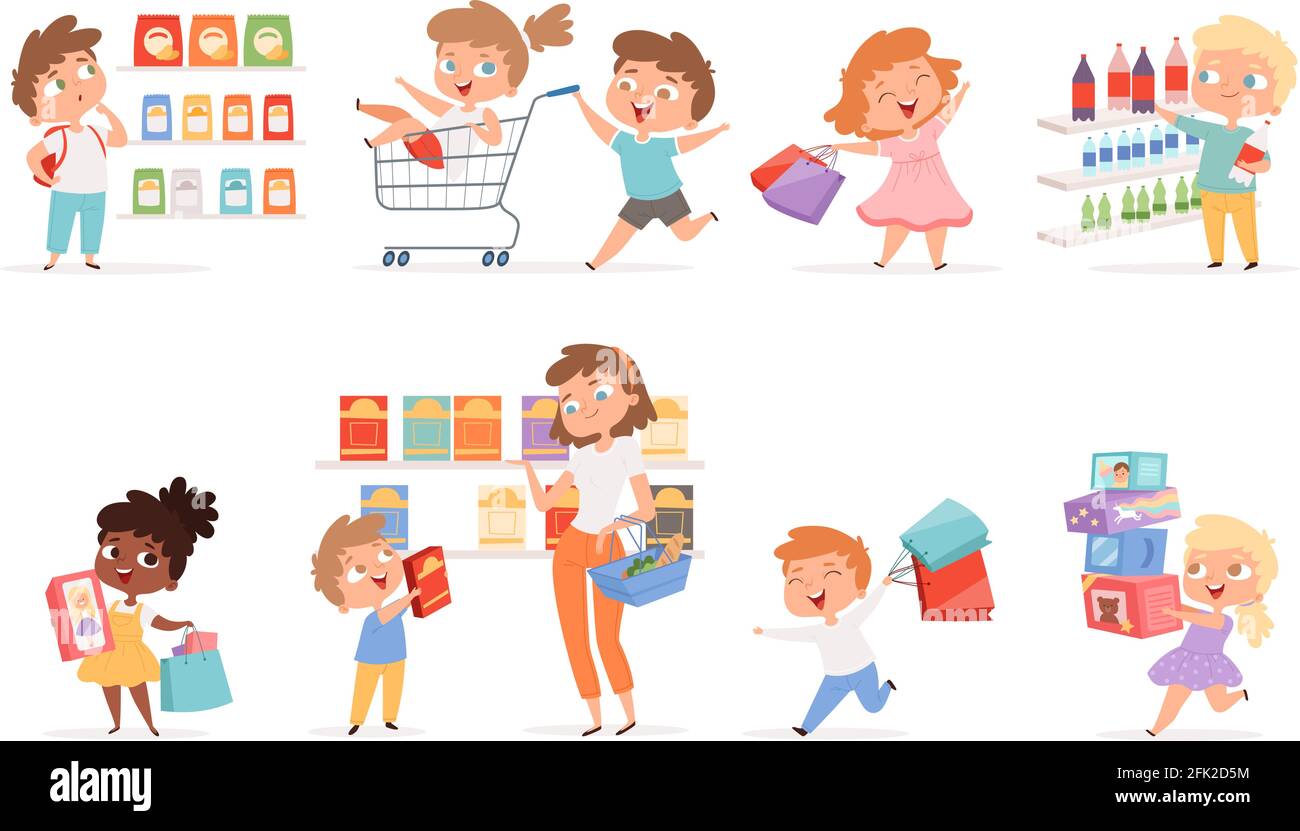 Alimentari bambini. I genitori con i bambini che acquistano i prodotti di acquisto e i giocattoli vettoriali cartoni animati immagini Illustrazione Vettoriale