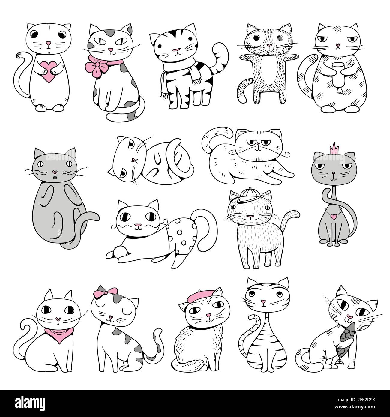 Gatti divertenti. Doodle animali domestici disegni a mano personaggi fumetti animali illustrazioni vettoriali Illustrazione Vettoriale