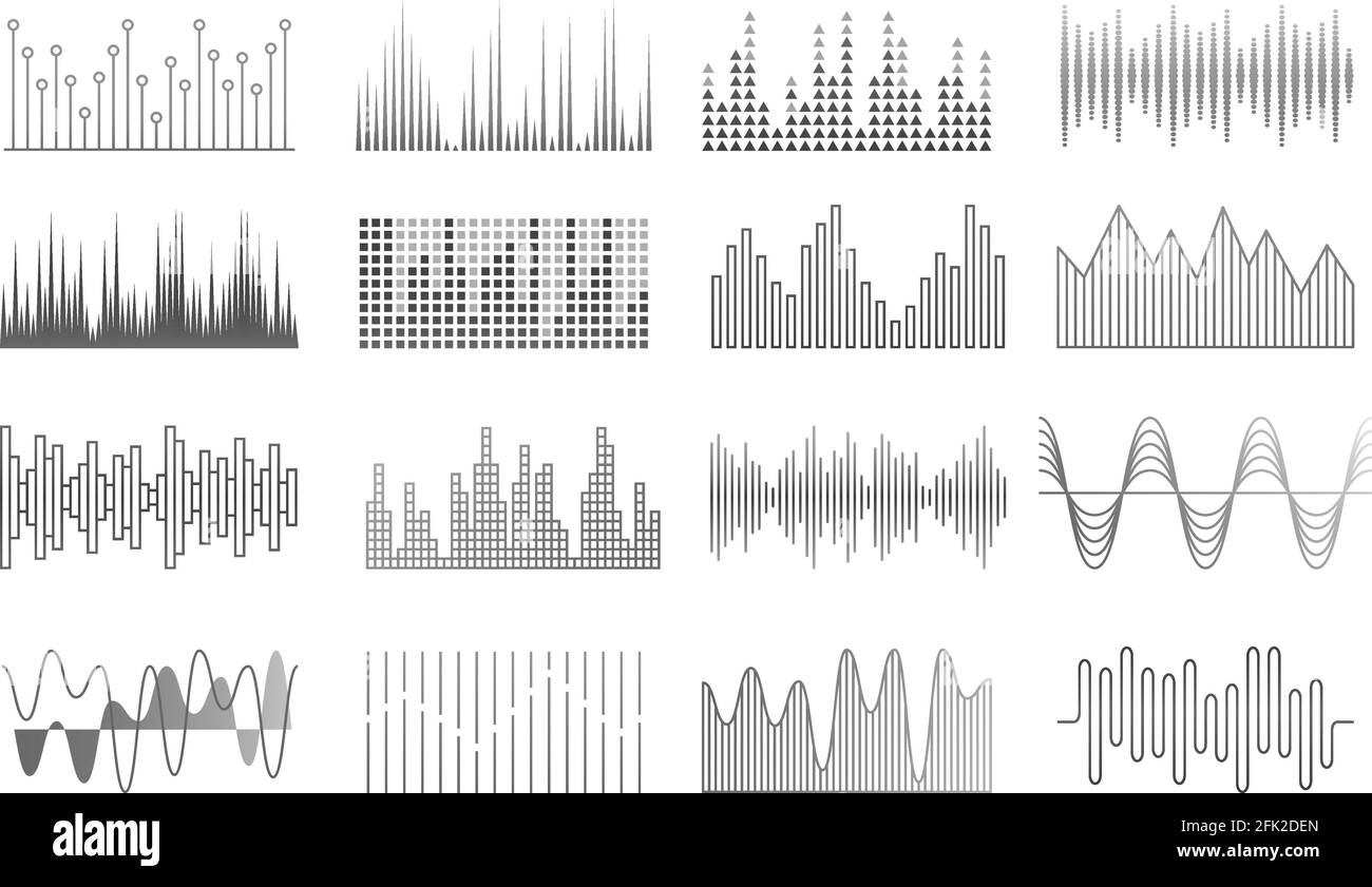 Onde musicali. Registratore audio, equalizzatore o elementi della tecnologia a impulsi. Pannello del lettore audio, impostazione del vettore del segnale vocale Illustrazione Vettoriale