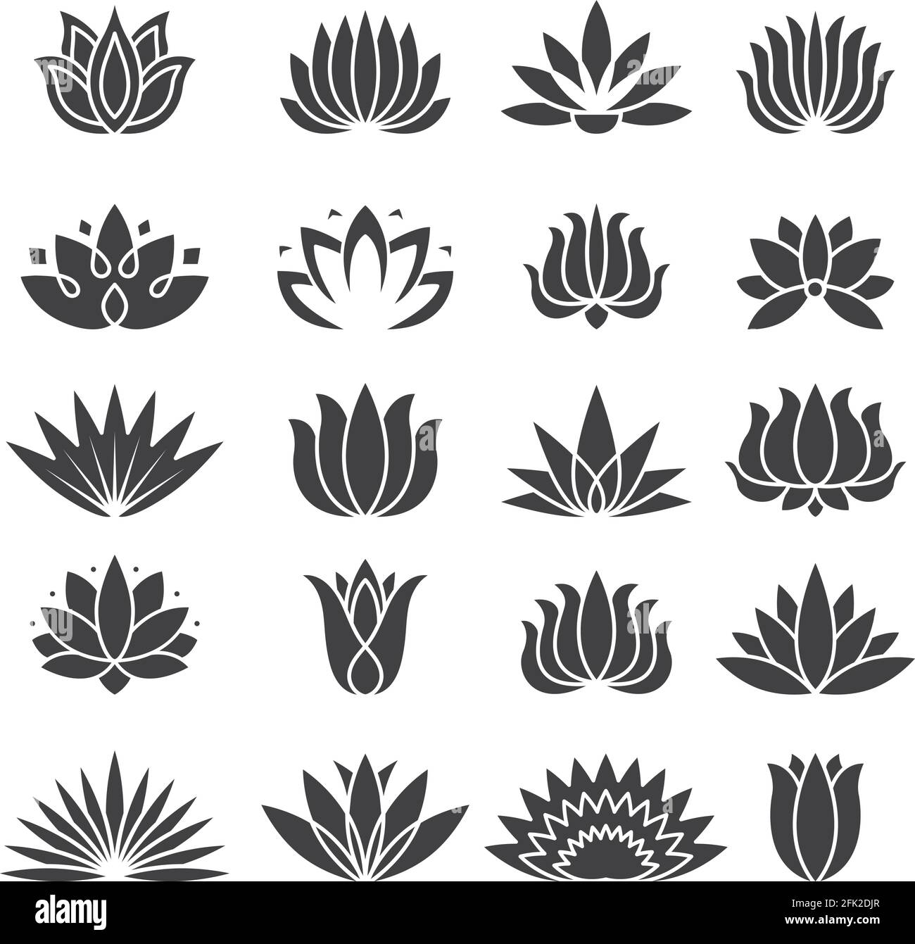 Icona Lotus. Logo Botanico per salone di bellezza piante tropicali vettore stilizzato set Illustrazione Vettoriale