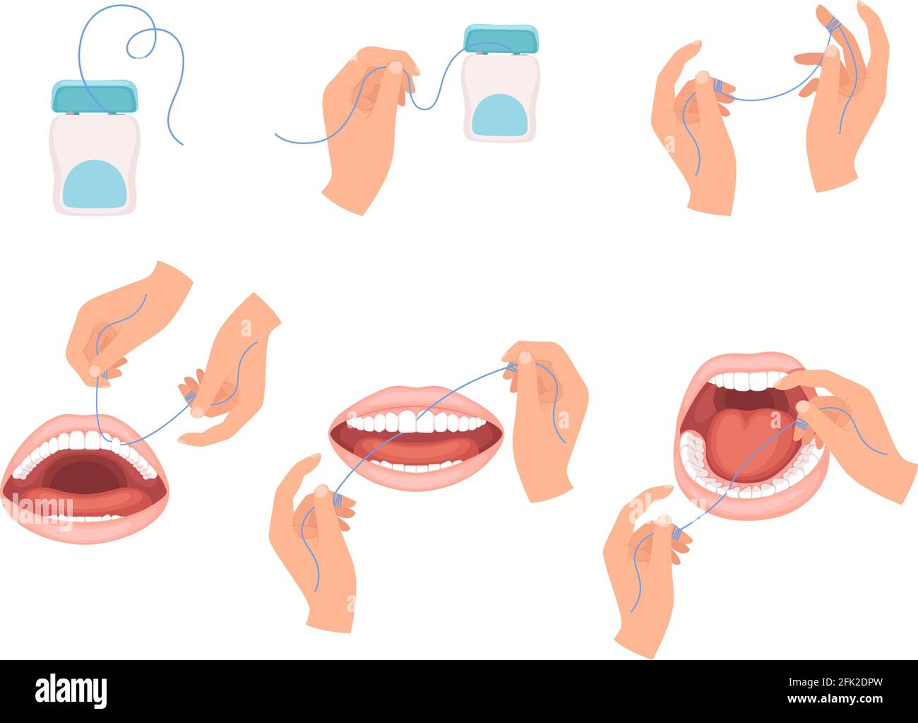 Filo interdentale. Passi come usare il filo interdentale per i denti medico dentista schema infografico vettoriale Illustrazione Vettoriale