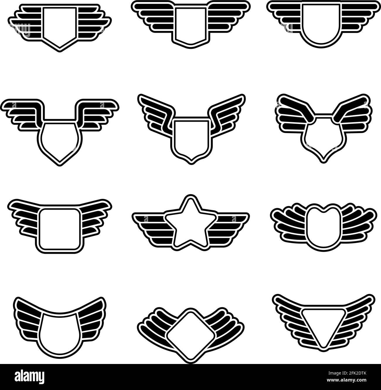 Distintivi delle ali. Esercito geometrico stilizzato scudi emblemi di aviazione vuota con simboli di ali vettore insegne corporate Illustrazione Vettoriale