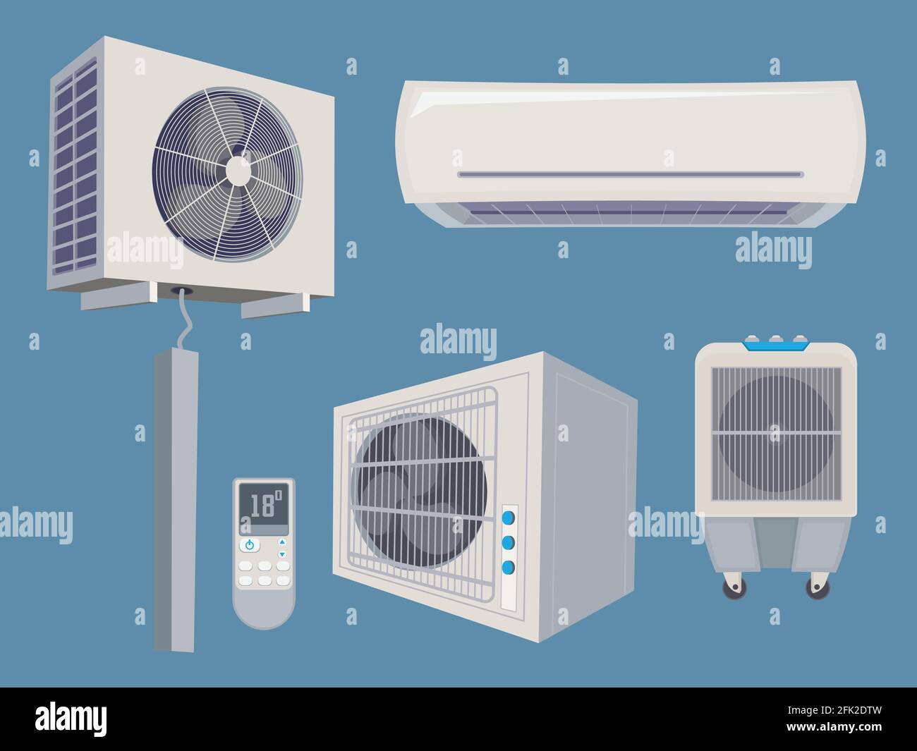 Set di condizionatori. Aria condizionata sistema vento ventilazione vettore cartoon collezione home smart items Illustrazione Vettoriale