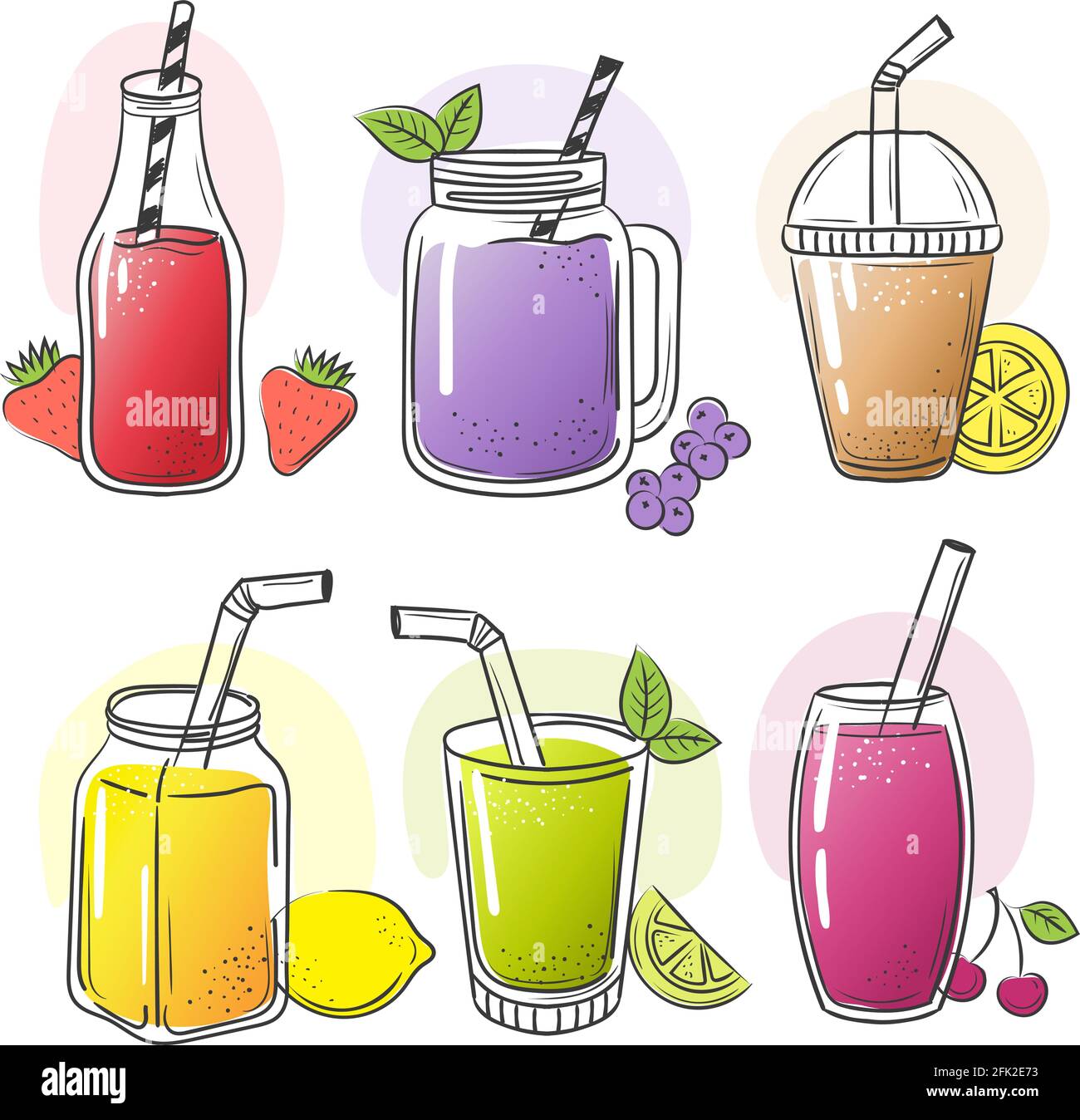 dieta liquida e fredda Frullato disegnato a mano. Estate frutta fredda bevande liquido sano  agitare succo di cibo per dieta vettore disegni Immagine e Vettoriale