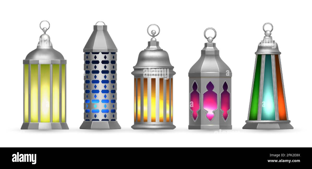 Lampade arabe d'argento realistiche. Colorate lanterne orientali, insieme isolato di luci decorative islamiche Illustrazione Vettoriale