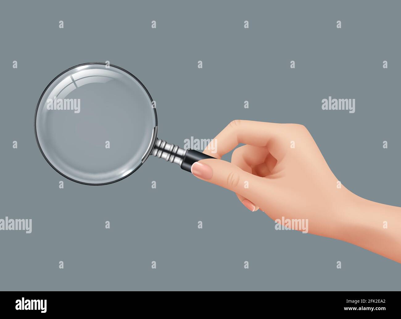 Lente d'ingrandimento in mano. Detective tenuta gadget zoomato lente forte vettore immagini realistiche isolato Illustrazione Vettoriale