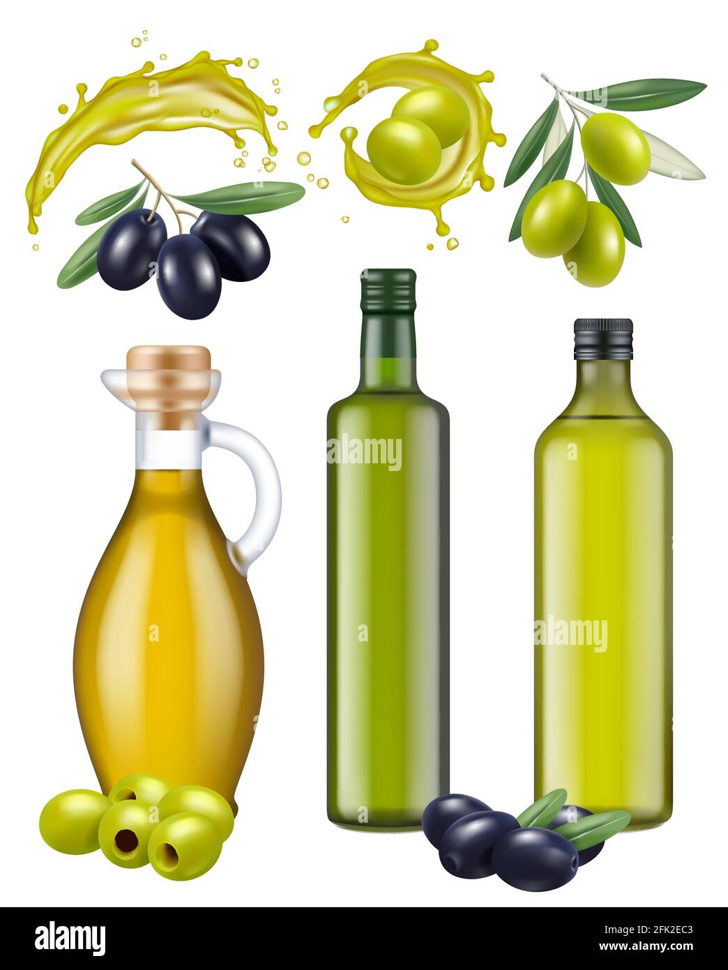 Bottiglie d'oliva. Pacchetto olio vetro prodotti naturali sani per cucinare cibo verde e nero olive greco modello realistico vettore Illustrazione Vettoriale