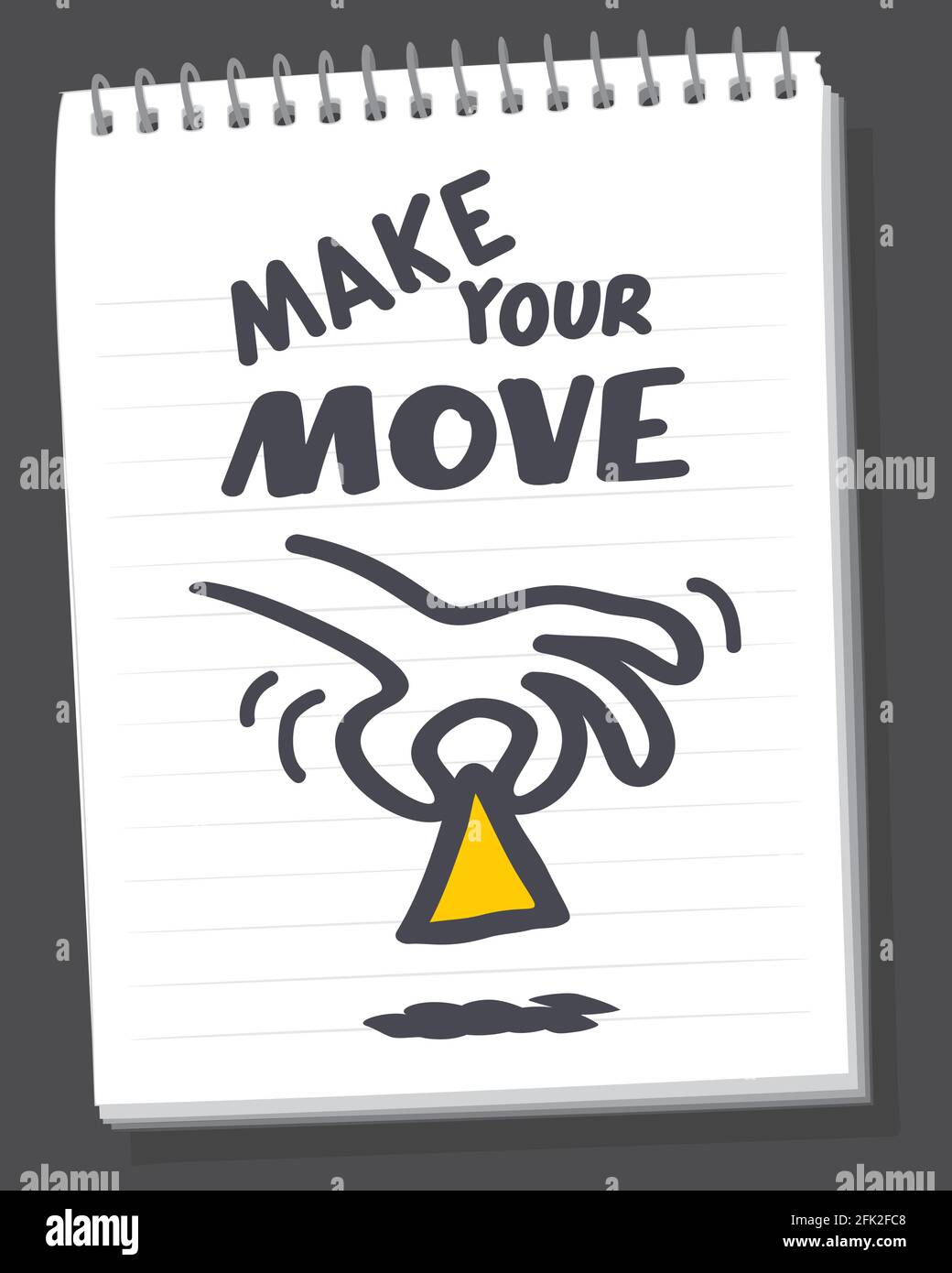 Rendi la tua scritta Move su sfondo bianco. Disegnata a mano sulla pagina del notebook. Disegno a mano umana e a pedina di colore giallo. Illustrazione della stampa vettoriale. Illustrazione Vettoriale