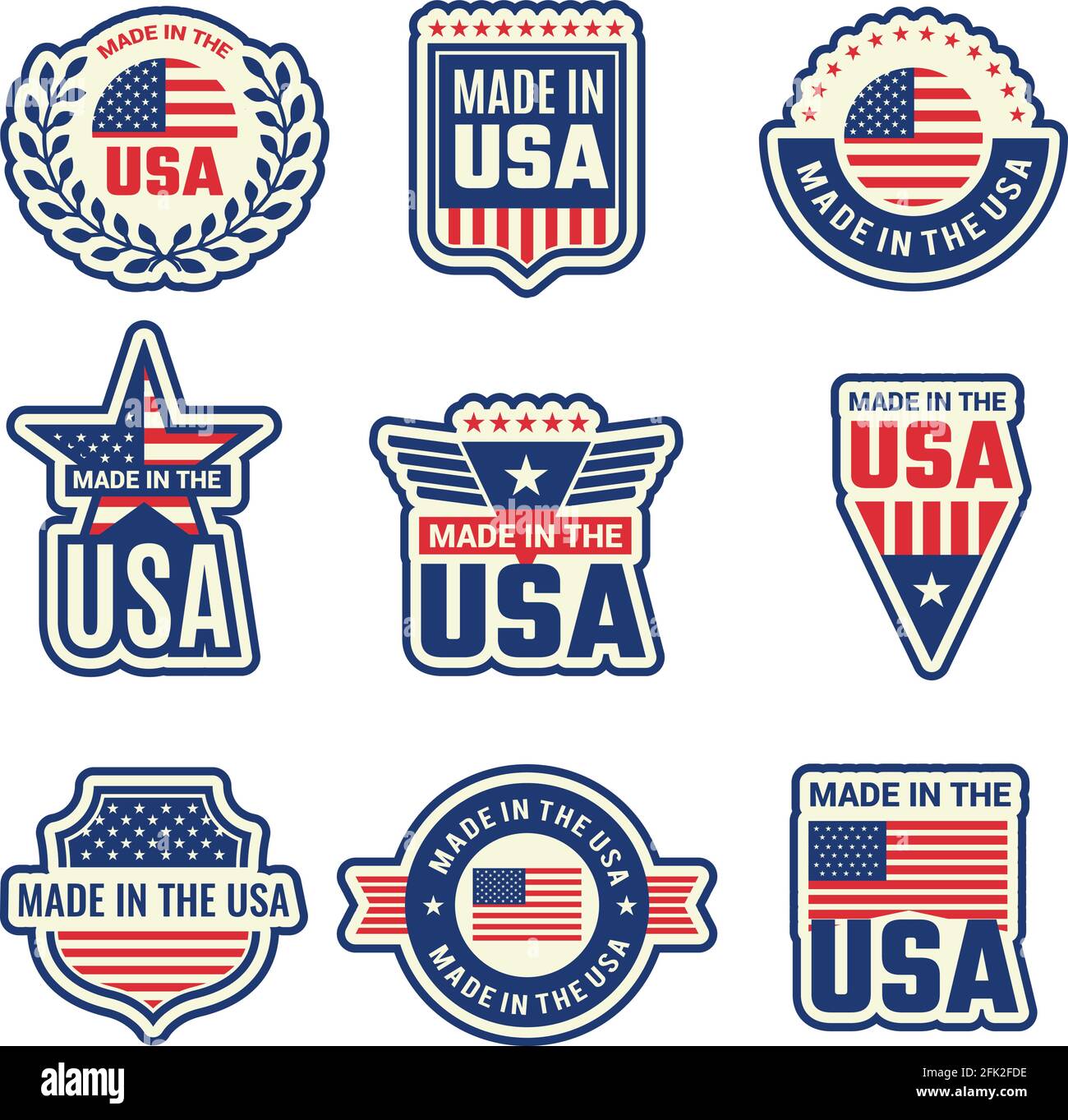 Fabbricato negli stati uniti. Etichette nazionali autentiche o badge francobolli con bandiera americana e simboli vettoriali di elementi speciali Illustrazione Vettoriale