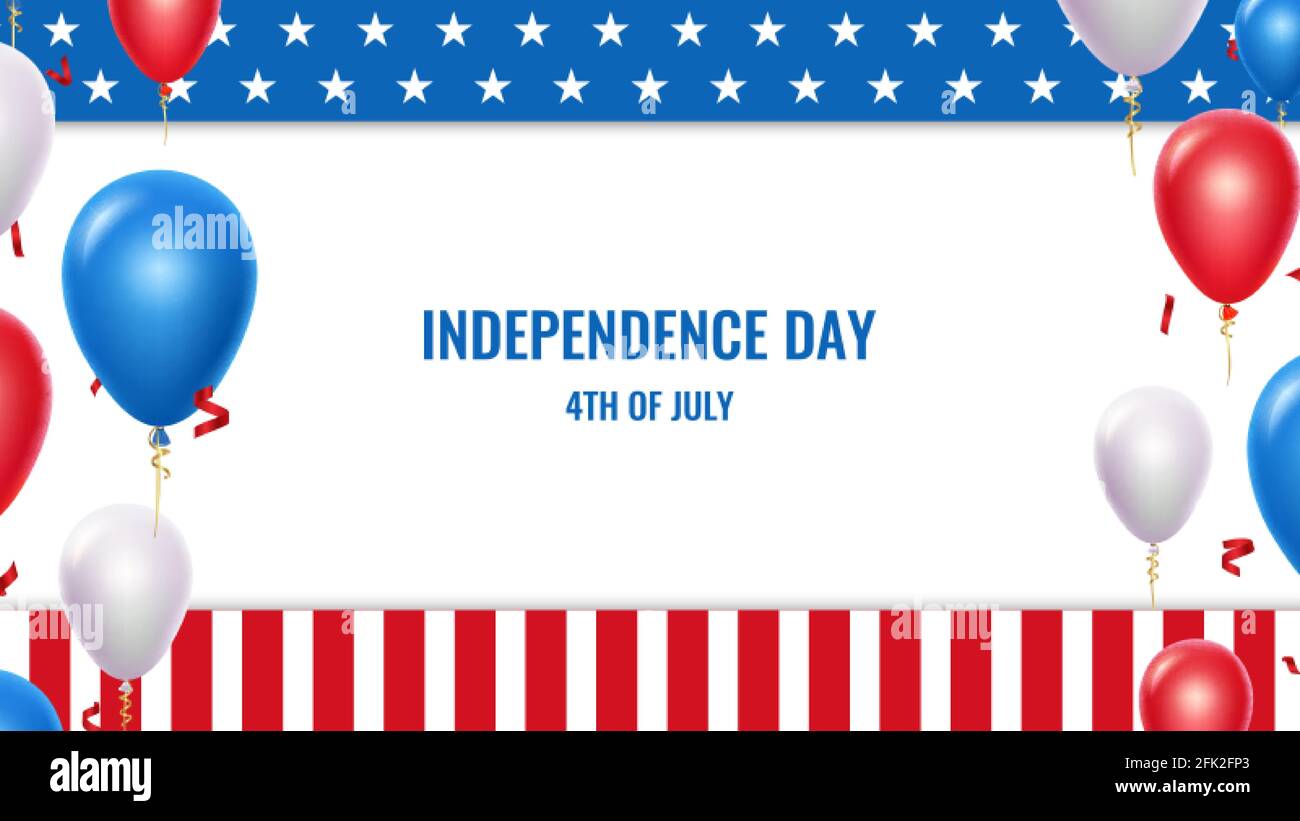 Giornata dell'indipendenza degli Stati Uniti. 4 luglio, bandiera patriottica americana. Bandiera stellata d'America, palloncini festivo vettore sfondo Illustrazione Vettoriale