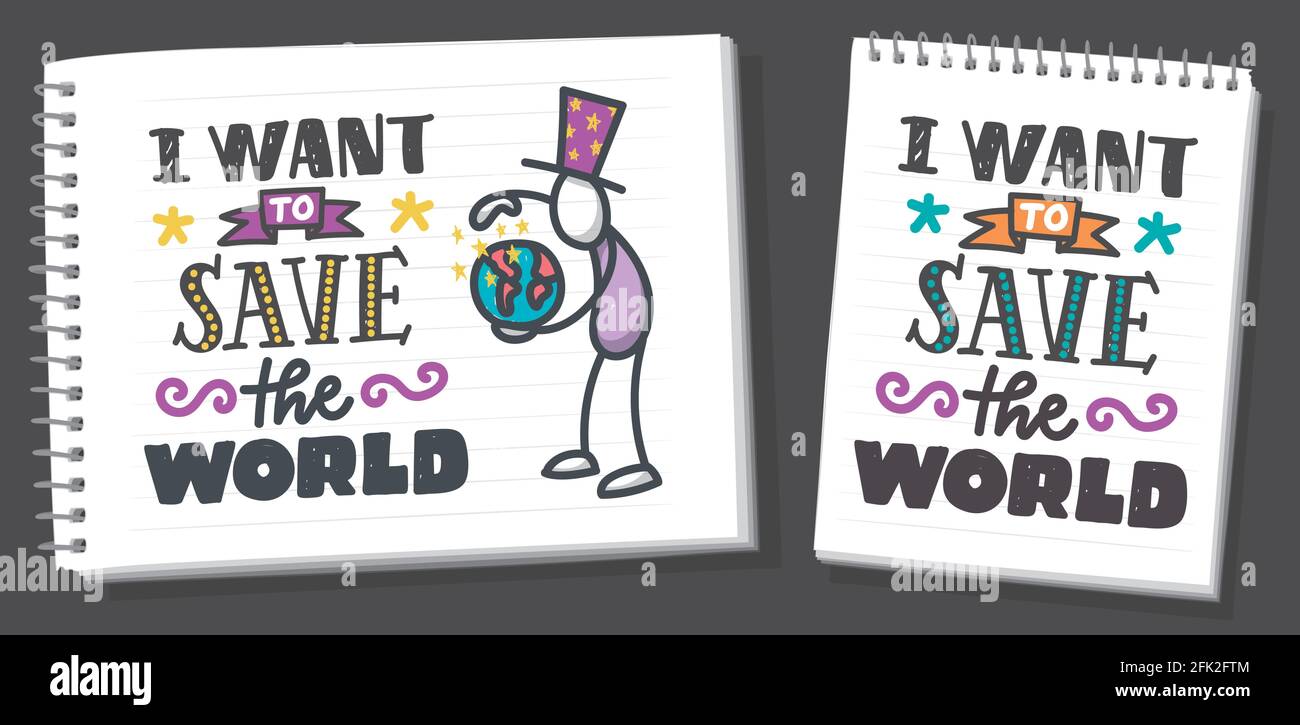 Voglio salvare la scritta World Hand su sfondo bianco. Disegnata a mano sulla pagina del notebook. Disegno a figura dell'avambraccio. Illustrazione della stampa vettoriale. Illustrazione Vettoriale