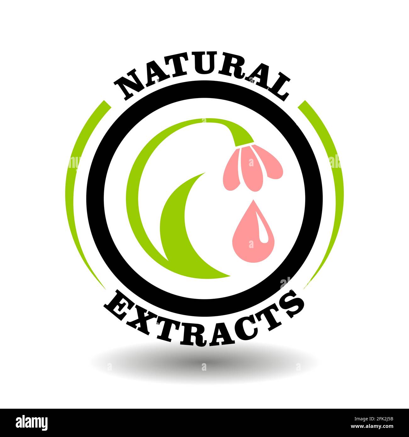 Estratto floreale naturale ingredienti francobollo con fiore cerchio illustrazione. Logo vettoriale rotondo per la certificazione degli imballaggi di cosmetici ecologici biologici Illustrazione Vettoriale