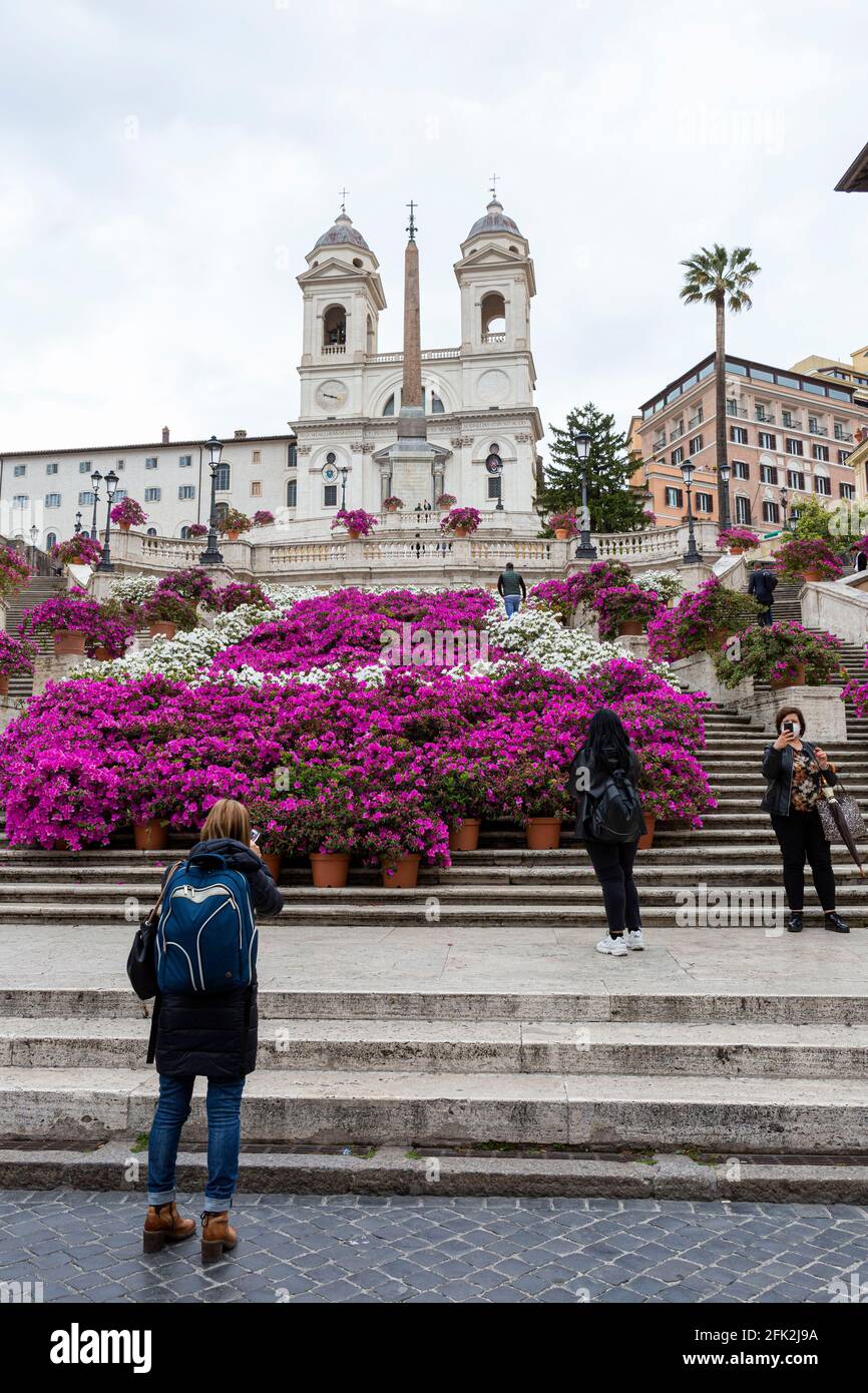 Roma, Italia, 27 aprile 2021. Azeleas in fiore sulla scalinata di Piazza di Spagna. In questo giorno le due case del Parlamento italiano hanno approvato il piano di ripresa del governo (Pnrr, piano Nazionale per la ripresa e la resilienza) relativo all'utilizzo di sovvenzioni e prestiti UE per le economie europee colpite dalla pandemia di Coronavirus. Foto Stock