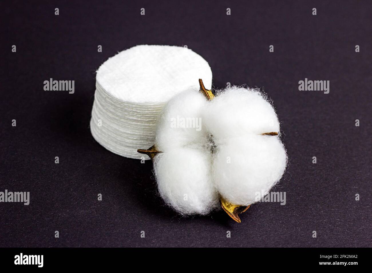 Tamponi bianchi in morbido cotone per igiene e assistenza sanitaria su sfondo nero. Foto Stock
