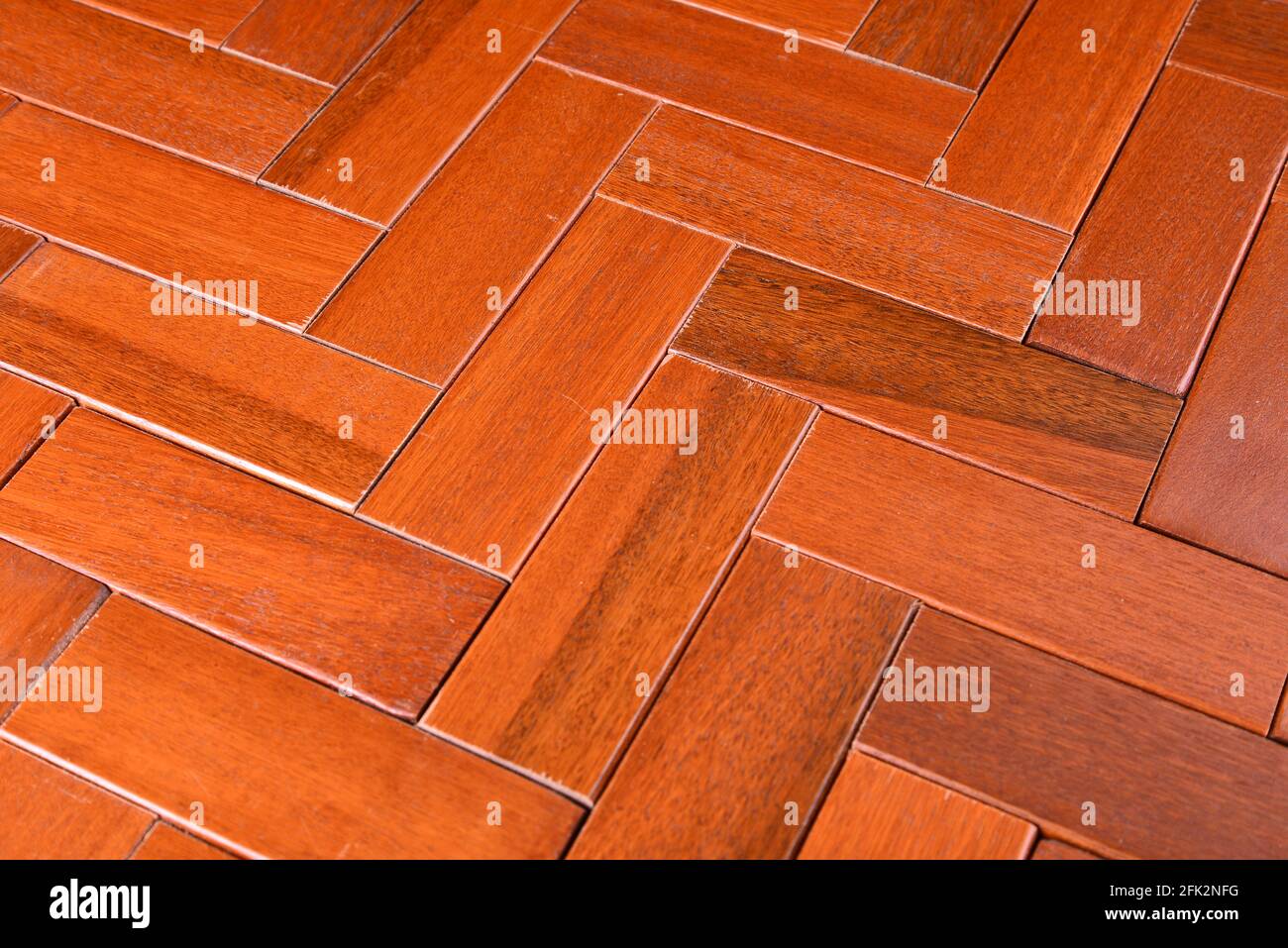 Pavimenti in legno duro con motivo a spina di pesce e riflessi possono essere utilizzati come sfondo o campione di colore. Tinto e verniciato in un marrone medio rosso. Foto Stock