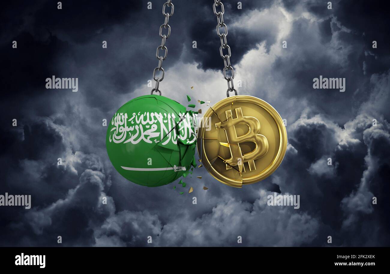Bandiera dell'Arabia Saudita che si schiantano in una moneta cripto di bitcoin oro. Rendering 3D Foto Stock