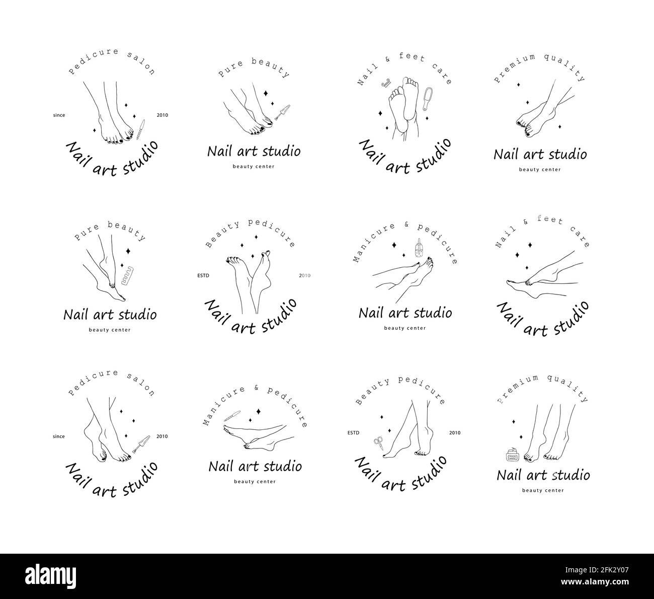 Contorno piedi femmina. Set di logotipo per studio di unghie. Concetto di cura dei piedi. Design moderno per manicure e pedicure salone di bellezza e centro termale Illustrazione Vettoriale