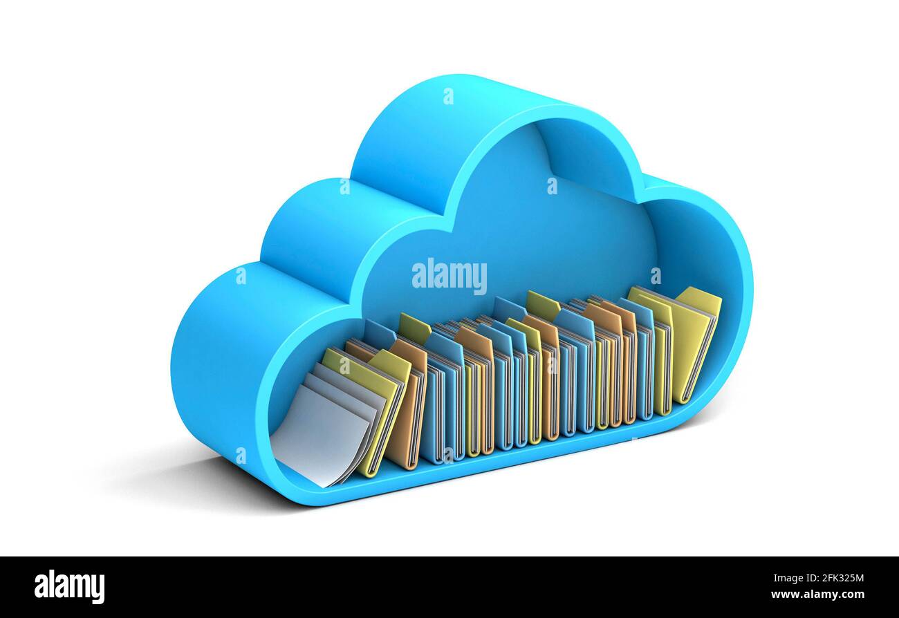 Archiviazione cloud. Cloud con file e cartelle di backup isolati su sfondo bianco. rendering 3d Foto Stock