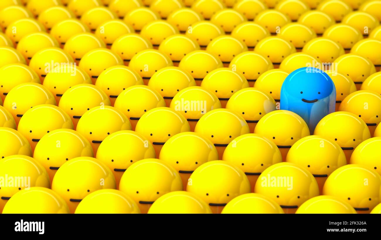 La folla e uno speciale. File di uomini gialli e un blu sorridente. rendering 3d. Foto Stock