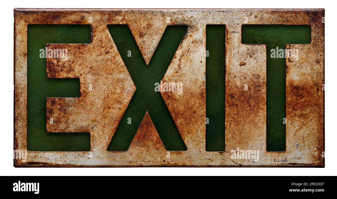 Oggetti isolati: Vecchio segno di uscita arrugginito, su sfondo bianco Foto Stock