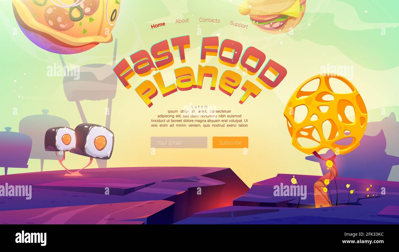 Fast food pianeta cartoon pagina di atterraggio con pizza, burger sfere e sushi sul paesaggio alieno con bizzarro albero. Cosmic fantasy game, avventura spaziale, divertente mondo ui grafica disegno vettore web banner Illustrazione Vettoriale