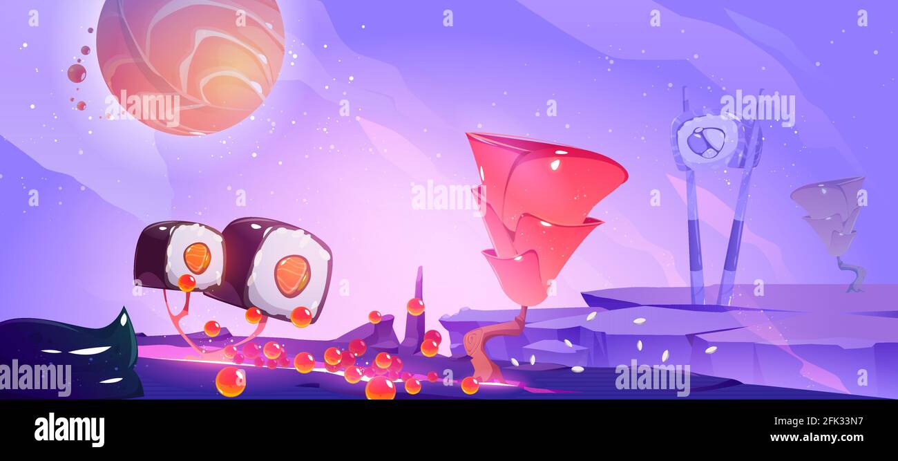 Poster del pianeta sushi con paesaggi fantasy con alberi con roll e zenzero e salmone pianeta in cielo. Banner vettoriale del ristorante o gioco arcade con illustrazione cartoon Illustrazione Vettoriale
