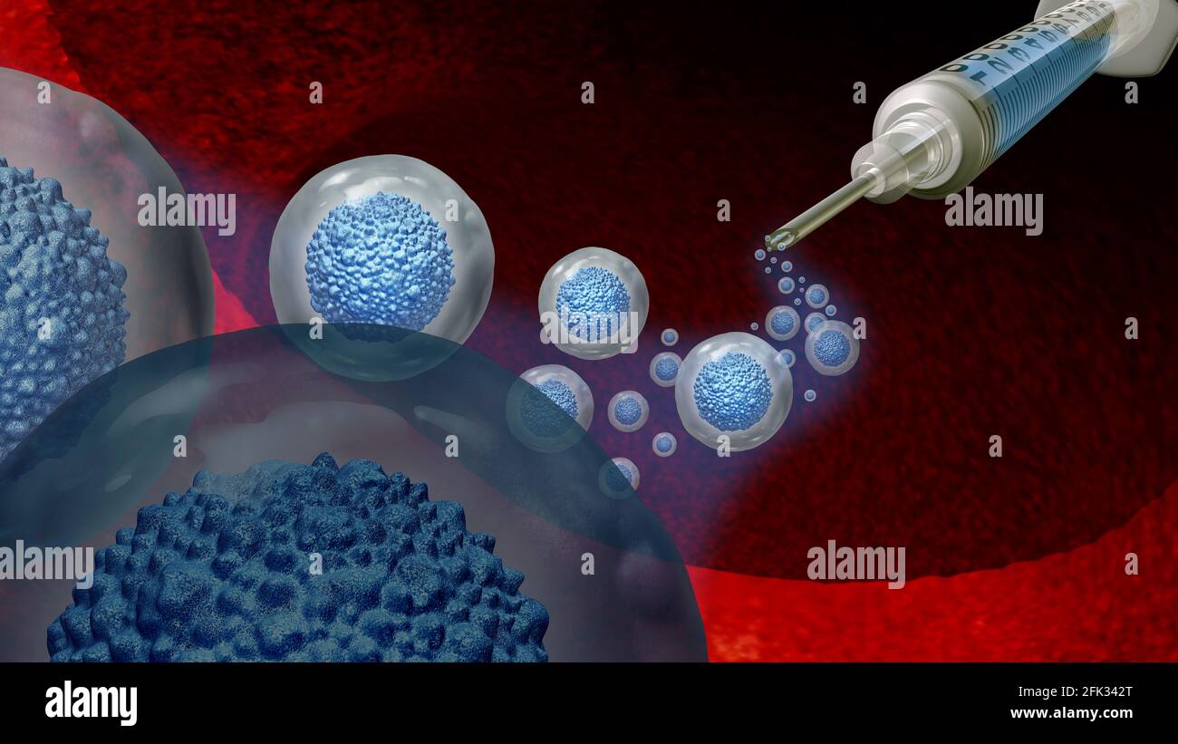 Trattamento delle cellule staminali e biologia come concetto embrionale multicellulare o organismo adulto come simbolo per la terapia cellulare come illustrazione 3D. Foto Stock