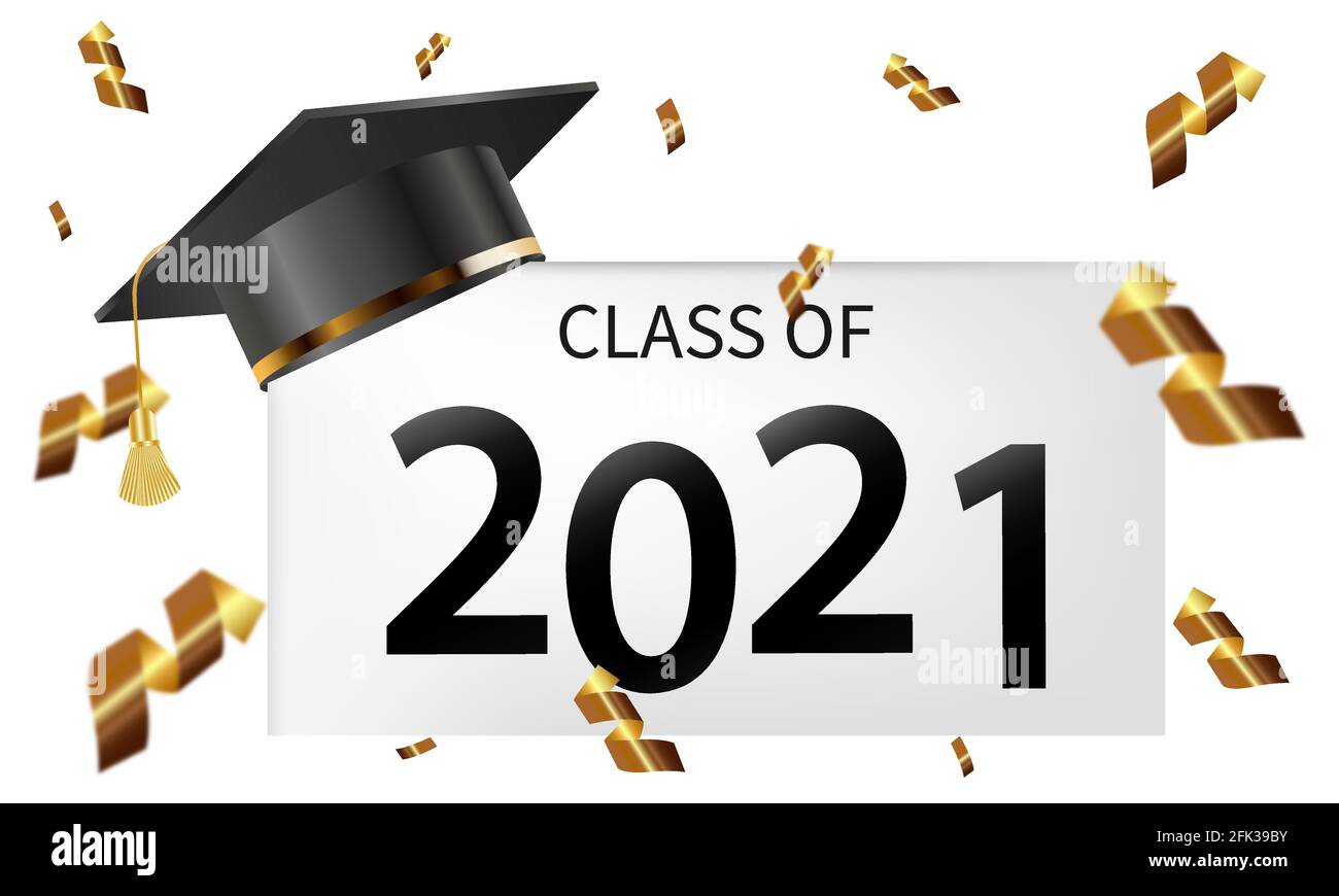 Classe e laureati del 2021 con tappo di laurea e confetti. Illustrazione vettoriale per la progettazione di progetti e temi Illustrazione Vettoriale