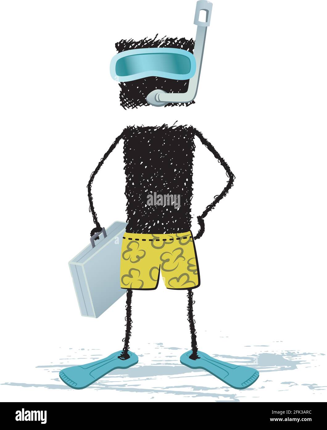 Un dirigente con occhiali da immersione e costume da bagno che tiene in mano una valigetta. Illustrazione Vettoriale