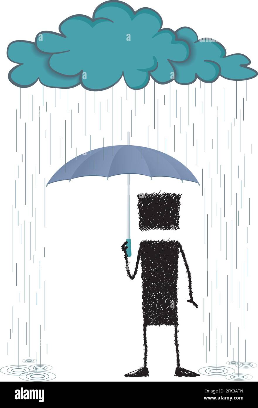 Illustrazione di un bastone in piedi, protetto dalla pioggia da un ombrello. Un'immagine che mostra che è possibile superare le avversità. Illustrazione Vettoriale